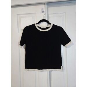 Zara Knit Short Sleeve Sweater Black White Contrast Trim Crew Neck Side Slit S